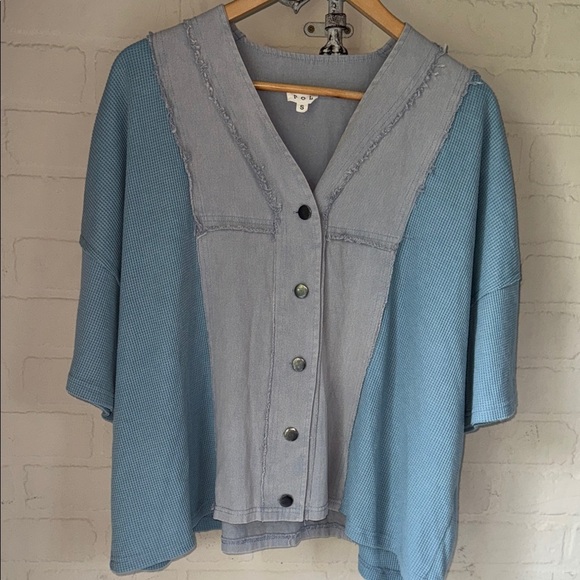 POL distressed shirt short sleeve waffle knit raw hem oversized blue grunge - Picture 5 of 5